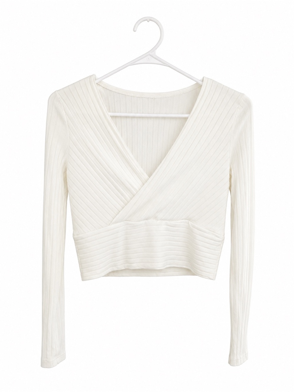 SHEIN White Ribbed Wrap-Front Long Sleeve Crop Top